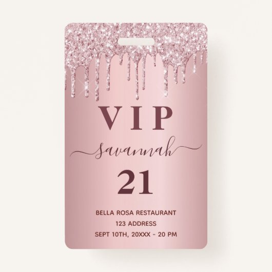 Badge Anniversaire rose pâle parties scintillant gouttes (Devant)