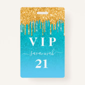 Badge Anniversaire turquoise or parties scintillant bleu (Devant)