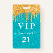 Badge Anniversaire turquoise or parties scintillant gout (Devant)