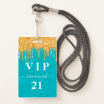 Badge Anniversaire turquoise or parties scintillant gout<br><div class="desc">Un badge moderne, élégant et glamour pour une fête d'anniversaire de 21e (ou tout âge). Un arrière - plan turquoise, vert, parties scintillant avec fausse parties scintillant d'or goutte à goutte, la peinture goutte à goutte. Personnalisez et ajoutez un nom. Le nom est écrit avec un script de style moderne...</div>