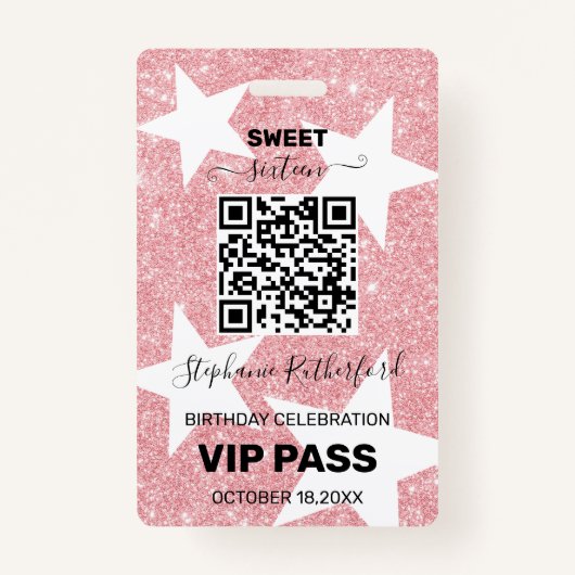 Badge Anniversaire VIP PASS Star Parties scintillant ros (Devant)