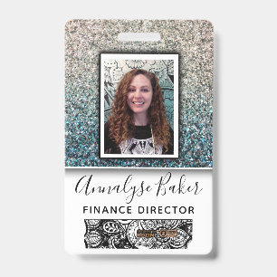 Badge Aqua Blue Silver Glitter Employee Nurse Photo Nom