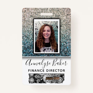 Badge Aqua Blue Silver Parties scintillant Employé Infir