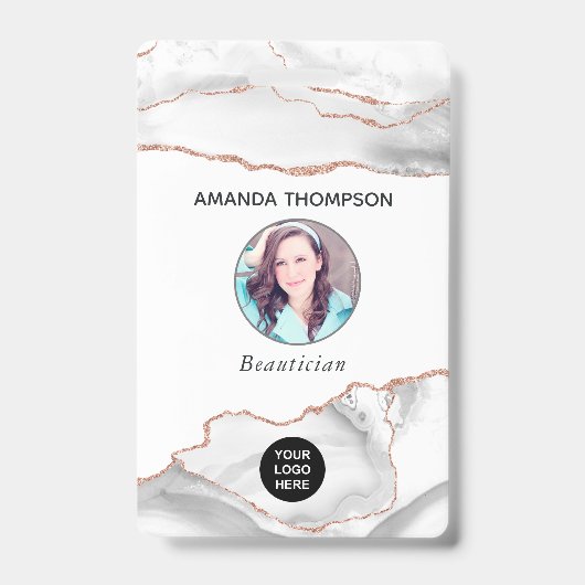 Badge Aquarelle chic Blanc et Rose Gold Agate Business (Front)