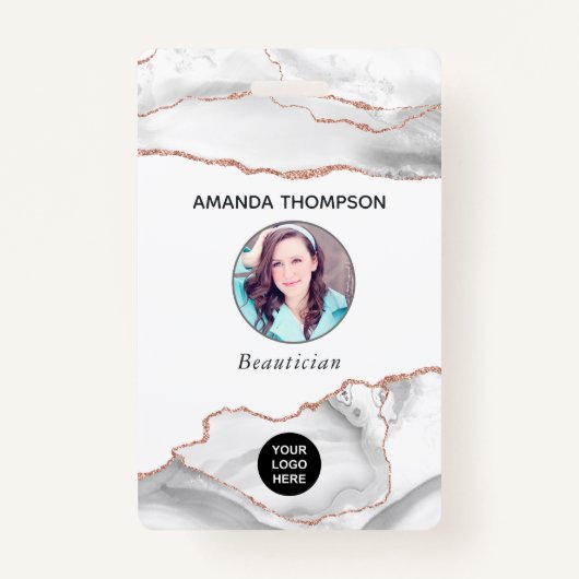 Badge Aquarelle chic Blanc et Rose Gold Agate Business (Devant)