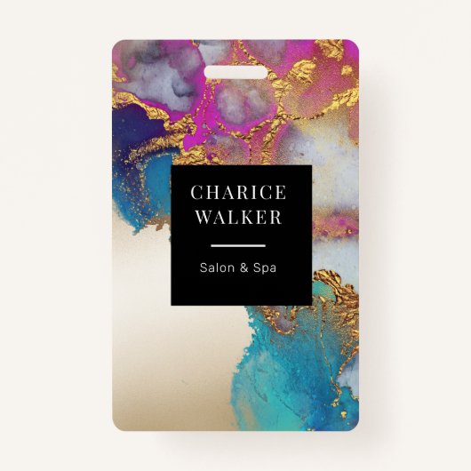 Badge aquarelle fausse feuille or salon monogramme nom (Devant)