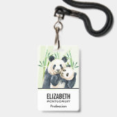 Badge Aquarelle Panda Ours Maman & Bébé en Bambou (Arrière avec lanière)