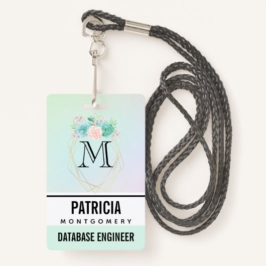 Badge Aquarelle rose et vert moderne Succulents (Devant avec lanière)