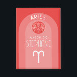 Badge Aries personnalisé Anniversaire Zodiac - Photo Des<br><div class="desc">Personnalisez ce bouton avec une date de naissance et un nom. Un design personnalisé avec le signe zodiaque - Aries - plus traits de personnalité, information et constellation. Une combinaison de couleur rouge et orange enflammée et énergique - associée à Aries est le design principal derrière tous les détails du...</div>