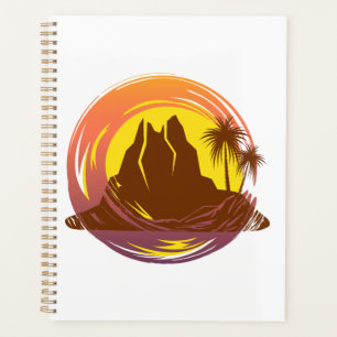 Badge avec paysage volcanique tropical et palmiers