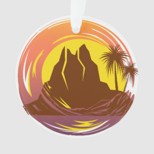 Badge avec paysage volcanique tropical et palmiers