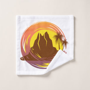 Badge avec paysage volcanique tropical et palmiers