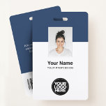 Badge Balises de nom d'employé personnalisé<br><div class="desc">Personnalisez facilement ce badge personnalisé de nom d'employé avec photo, code de barre d'analyse et logo d'entreprise. Un design d'entreprise simple en bleu marine et blanc entièrement personnalisable en tailles avant et arrière, sans-serif polices de base et moderne et un look professionnel et clair. Disponible avec cordon, clip métallique ou...</div>