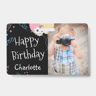 Badge Ballons d'anniversaire heureux Nom et photo noir