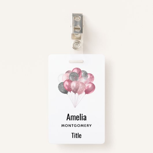 Badge Ballons de parties scintillant rose et argent (Devant avec clip)