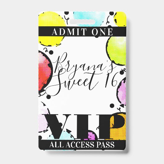Badge Balloons comiques rétro Sweet 16 Party VIP Pass (Front)