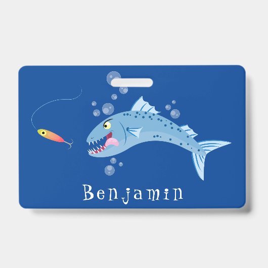Badge Barracuda poisson affamé de la pêche dessin animé (Front)