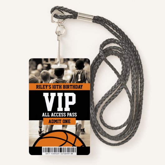 Badge Basketball VIP Anniversaire Fête Passe Invité (Devant avec lanière)