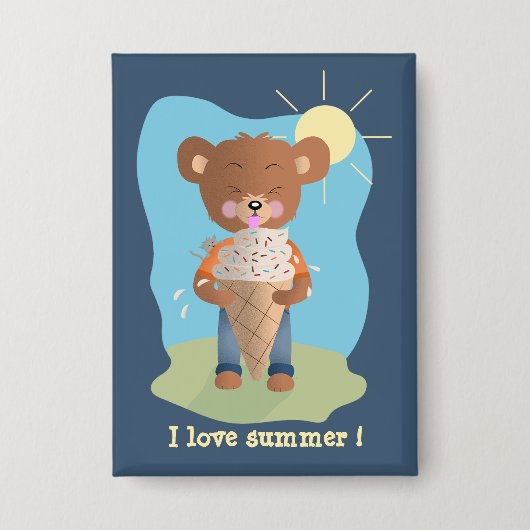 Badge Bear Eating Ice Cream Rectangular Pin Button (Recto)