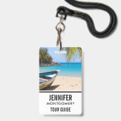 Badge Belle plage tropicale avec bateau à rames (Arrière avec lanière)