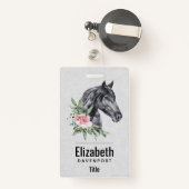 Badge Belle tête de cheval noir Portrait d'aquarelle (Back with Retractable)