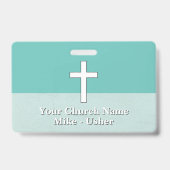 Badge Bienvenue Turquoise White Christian Church Usher (Back)