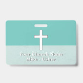 Badge Bienvenue Turquoise White Christian Church Usher (Front)