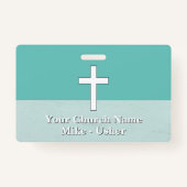 Badge Bienvenue Turquoise White Christian Church Usher (Devant)