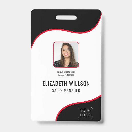 Badge Black Red Wave Business Logo Photo Nom de l'employ (Avant)