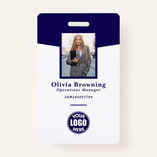 Badge Bleu foncé ID photo logo et code barre professionn (Devant)