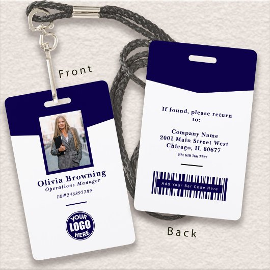 Badge Bleu foncé ID photo logo et code barre professionn