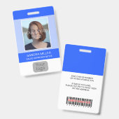 Badge Bleu, Photo de l'employé, Logo, Code-barres, Nom, (Avant & arrière)