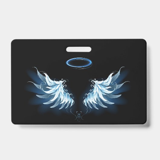 Badge Blue Glowing Angel Wings on black background (Front)