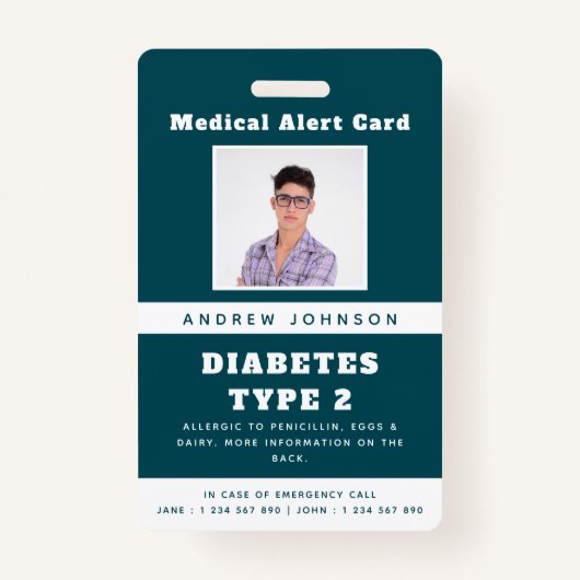 Badge Blue Médicale Alert Identifiant d'urgence Photo No (Devant)