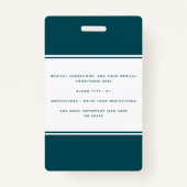 Badge Blue Médicale Alert Identifiant d'urgence Photo No (Dos)