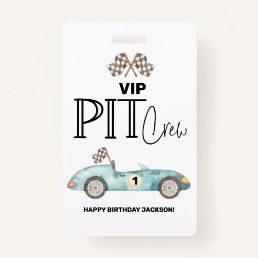 Badge Blue Race car Birthday, any age, VIP PIT CREW (Devant)