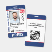 Badge Blue Red Photo & Logo Press ID QR Code (Avant & arrière)