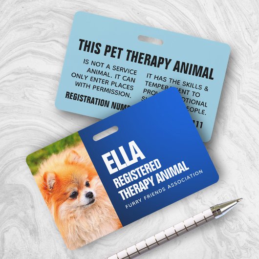 Badge Blue Registered Therapy Animal Photo ID personnali