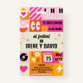 Badge Boda Festivalera Naranja y Rosa Retro WedFest (Devant)