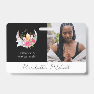 Badge Boho Moon Crystals Plumes Fleurs Thérapiste