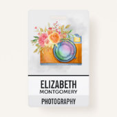 Badge Boho Orange Caméra & Bouquet Floral Aquarelle (Dos)
