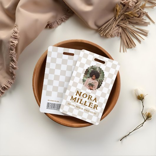 Badge Boho Rétro Motif à carreaux Photo ID Code-barres