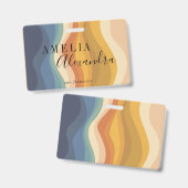 Badge Boho Retro Script Abstrait Wavy Lines Jaune Bleu (Avant & arrière)