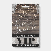 Badge Bois rustique & dentelle Lights Sweet 16 VIP Pass (Dos)