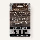 Badge Bois rustique & dentelle Lights Sweet 16 VIP Pass (Dos)