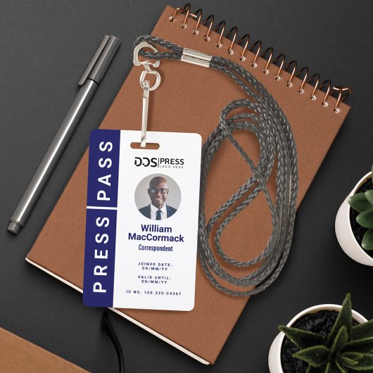 Badge Bold Modern Navy Circle Photo Press Pass & Logo