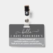 Badge Bonjour j'ai PARKINSONS id d'invalidité (Avant avec clip)