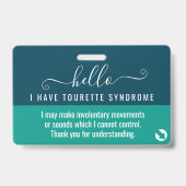 Badge Bonjour j'ai TOURETTE SYNDROME id d'invalidité (Front)