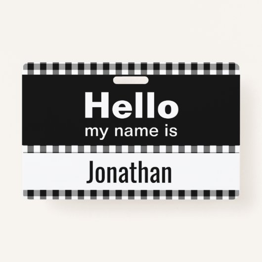 Badge Bonjour Mon nom est - en vichy noir et blanc (Devant)