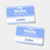 Badge Bonjour Mon Nom Est - gingham bleu et blanc (Avant & arrière)